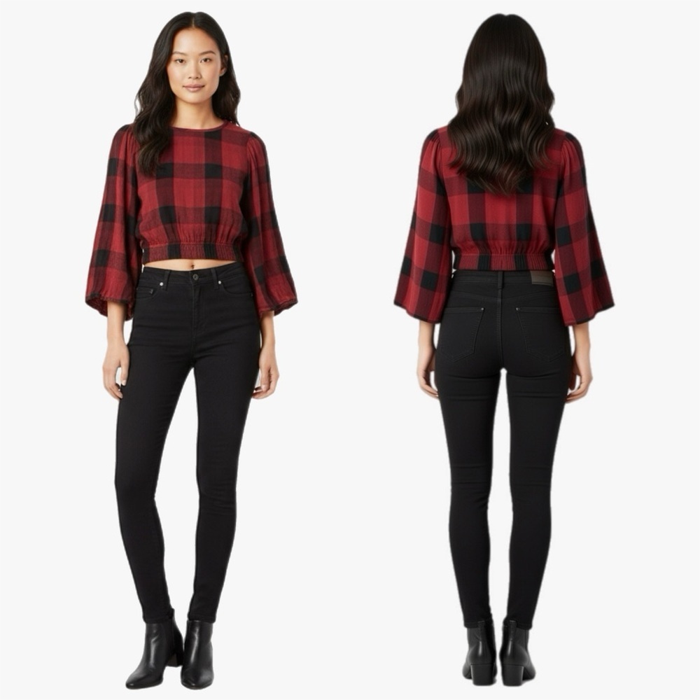 NWT Cloth & Stone Black Crop Bell Sleeve Plaid Flannel Top Sz Small